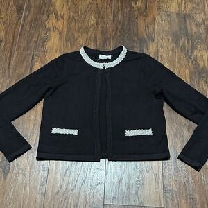 Elegant Black Cardigan Sweater with Pearl and Shimmer Trim Embellishments